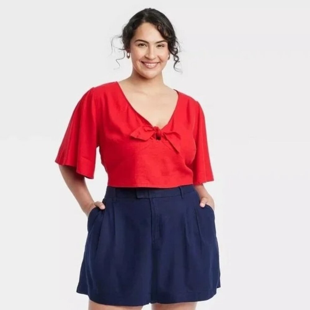A New Day Women's Flutter Short Sleeve Tie Front Shirt - Red - Size XL